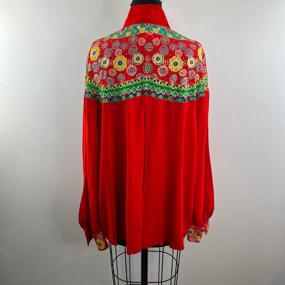 VINTAGE Gottex Red Top Floral Embroidered Collared Long Sleeve Button-Up Small S - Picture 8 of 10